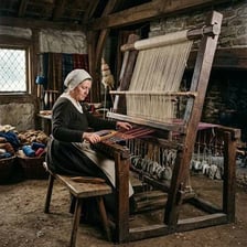A traditional loom holding threads for weaving fabric