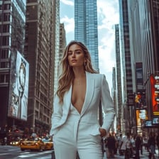 A sophisticated person dressed elegantly in an urban setting
