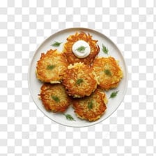 A plate of golden, pan-fried potato latkes.