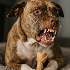 A dog guarding a bone with a warning expression.