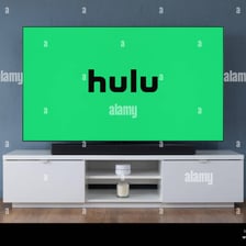 A television displaying the Hulu streaming service logo.