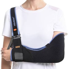 An injured arm supported in a medical sling