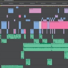 Short video clips arranged on a video-editing timeline