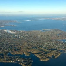 An aerial view of the Chesapeake Bay and its shoreline.