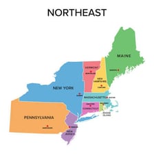 A map of the United States highlighting Massachusetts and Pennsylvania