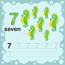 An educational display showing the Spanish word “siete” for seven.