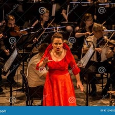 An opera singer performing a solo on a theatrical stage.