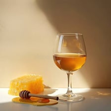 A glass of golden mead beside honeycomb.