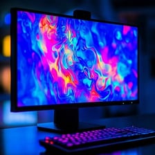 A computer monitor displaying a colorful screensaver.