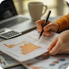A person reviewing numerical data beside charts and a calculator