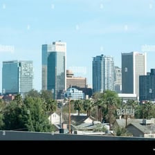A view of Mesa, Arizona, with desert landscape and city buildings