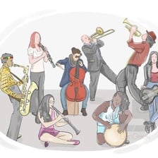 Eight musicians performing together as an ensemble.