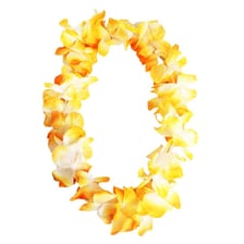 A colorful flower lei worn around a person's neck.