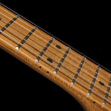A close-up view of the frets running across a guitar neck.