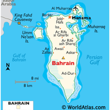 A map showing Bahrain as an island nation in the Persian Gulf