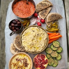 Bowls of baba ghanoush and muhammara dips