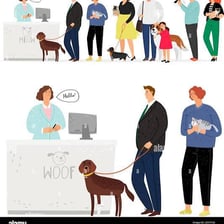 Domestic pets in a veterinary clinic waiting area