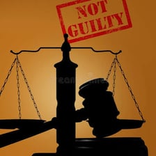 A courtroom scene representing a not-guilty verdict