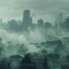 A city skyline obscured by a layer of gray air pollution.