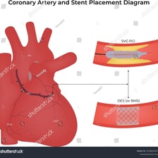 A medical illustration showing a stent supporting an opened coronary artery.