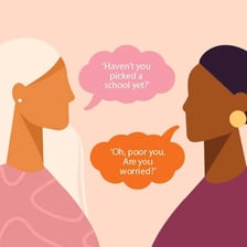 An illustration of a person asking another person intrusive questions.
