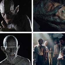 Non-graphic horror-film makeup showing theatrical blood effects
