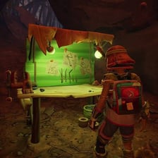 A video game character creating equipment at a crafting workbench