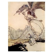 An open fairy-tale book with a storybook illustration.