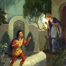 An artistic depiction of Romeo and Juliet at the balcony