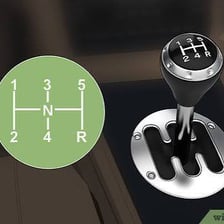 A car’s manual transmission gear shift and clutch controls.