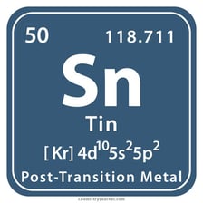 The periodic table square for tin, labeled Sn