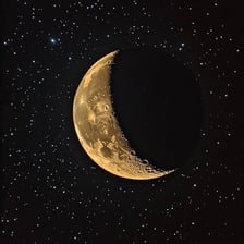 A crescent moon shining in a dark night sky.