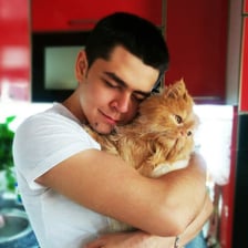 A person holding and cuddling a cat