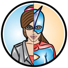 A superhero character shown alongside a civilian secret identity.
