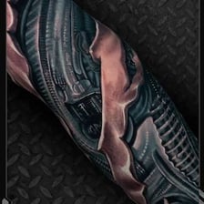 A close-up view of tattoo artwork on a person’s skin
