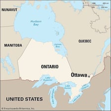 A map showing Ottawa within the province of Ontario.