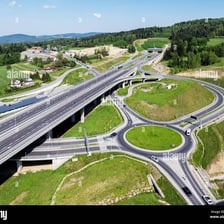 A roadway ramp branching from a highway