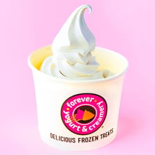 A cup of frozen yogurt served in soft-serve swirls