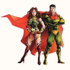 A superhero standing with a supporting sidekick.