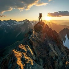 Several prominent mountain peaks at sunrise.