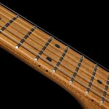 Close-up view of the raised metal frets on a guitar neck