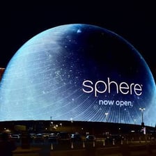 The illuminated spherical exterior of the Sphere venue in Las Vegas.