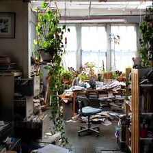 A person arranging items to tidy a room.