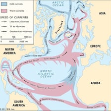 An educational map showing the Gulf Stream moving warm water through the Atlantic