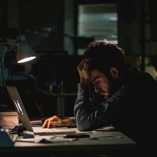 A person working at a desk late at night under a lamp.