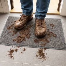 Dirt and muddy residue collected on a doormat.