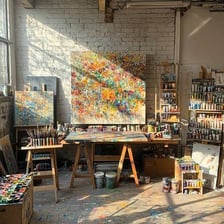 A painting displayed beside a camera in an art studio