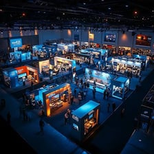 An expo inside a convention center with exhibition booths and attendees.