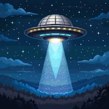 A flying-saucer-shaped object in the night sky