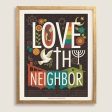 An illustration depicting people showing love and kindness to their neighbors.